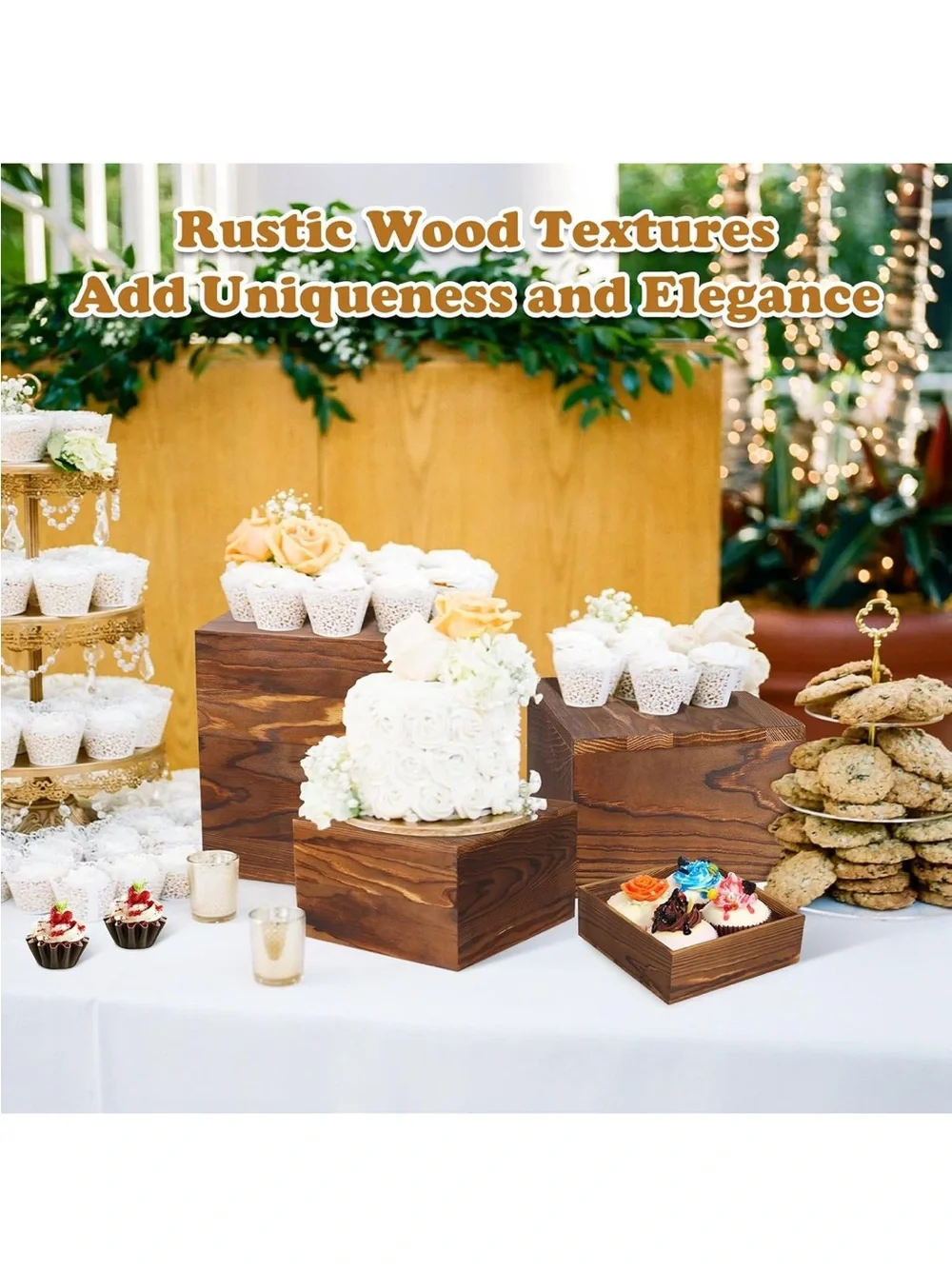 NWOT 6 Pack Wooden Risers Display Stands Rustic Wood Cake & Cupcake Stands